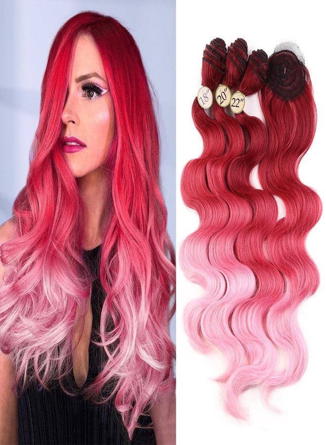 HANNE Pink Ombre Bundles Ombre Pink Body Wave Hair Extensions 18"20"22" with Closure 3 Bundles with Lace Closure Synthetic Hair bundle for Women - Image 1